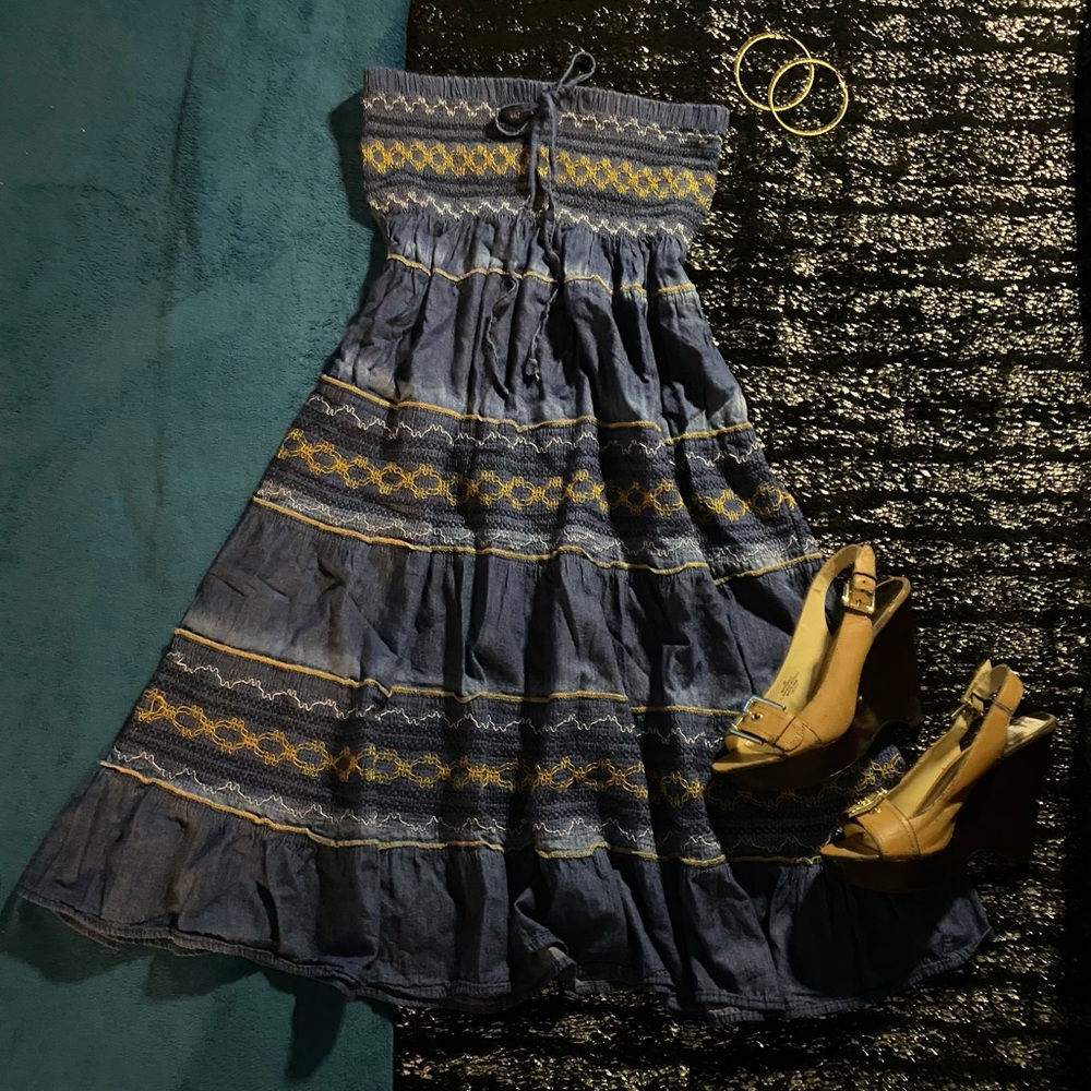 Blue and yellow boho maxi dress with adjustable straps